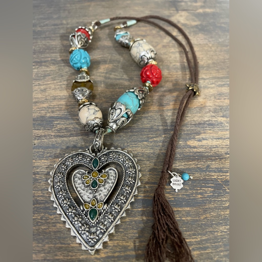 Lucky Brand silver heart chunky necklace turquoise & red coral beads